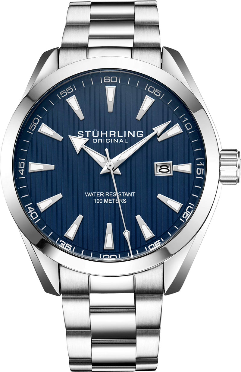 Stuhrling Original Blue Watch for Men Analog Watch Dial with Date - Stainless Steel Silver Bracelet, 3953 Mens Watch Collection - Image 1